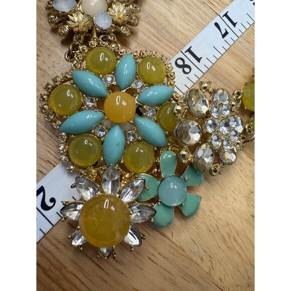 Floral Statement Necklace Yellow & Turquoise Beaded Design Gold Chain Adjustable - Picture 8 of 12